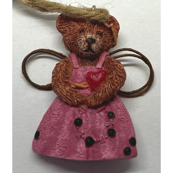 Teddy Bear Angel Mini Christmas Tree Ornament Pink Polka Dot Dress Rustic - Picture 5 of 6